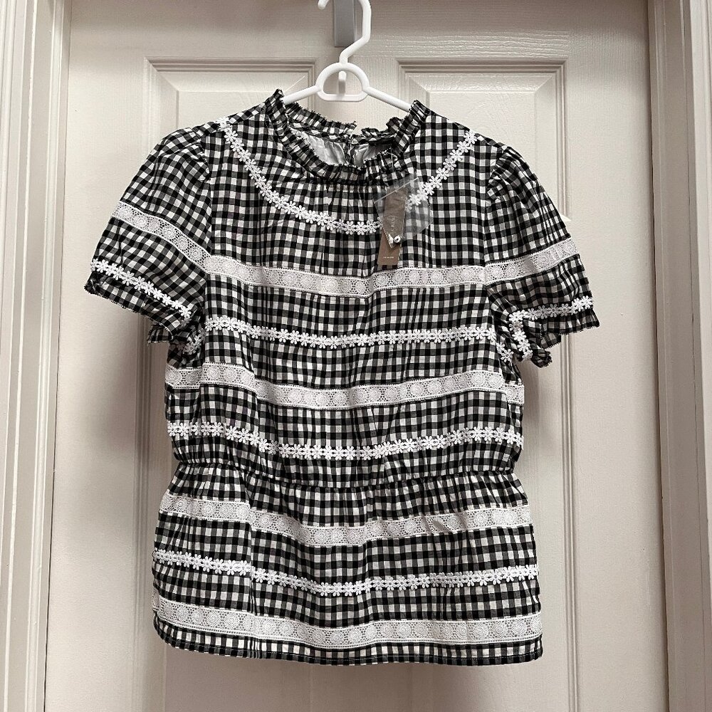 NEW! J. Crew (20β across) blouse with peplum waist, white lace, black check